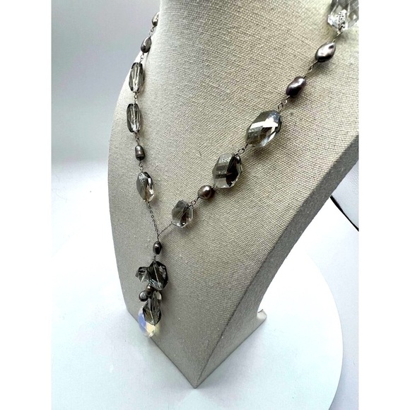 925 Sterling Silver Necklace With Swarovski Crystals & Grey Pearls.  A60 - Picture 5 of 13